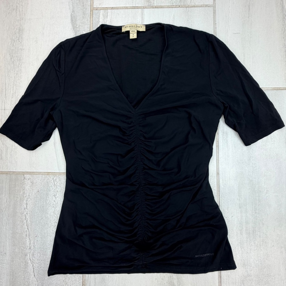 Burberry London Black Ruched V-Neck Short Sleeve Top 3887684 Size S